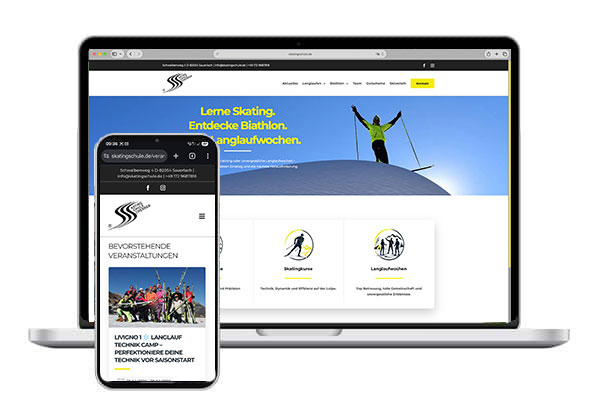 Website der Skatingschule Scherrer auf Laptop und Smartphone