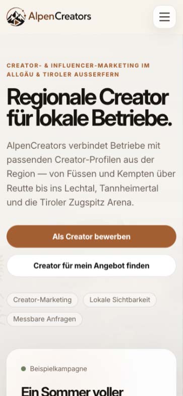 Mobile Website-Ansicht von AlpenCreators