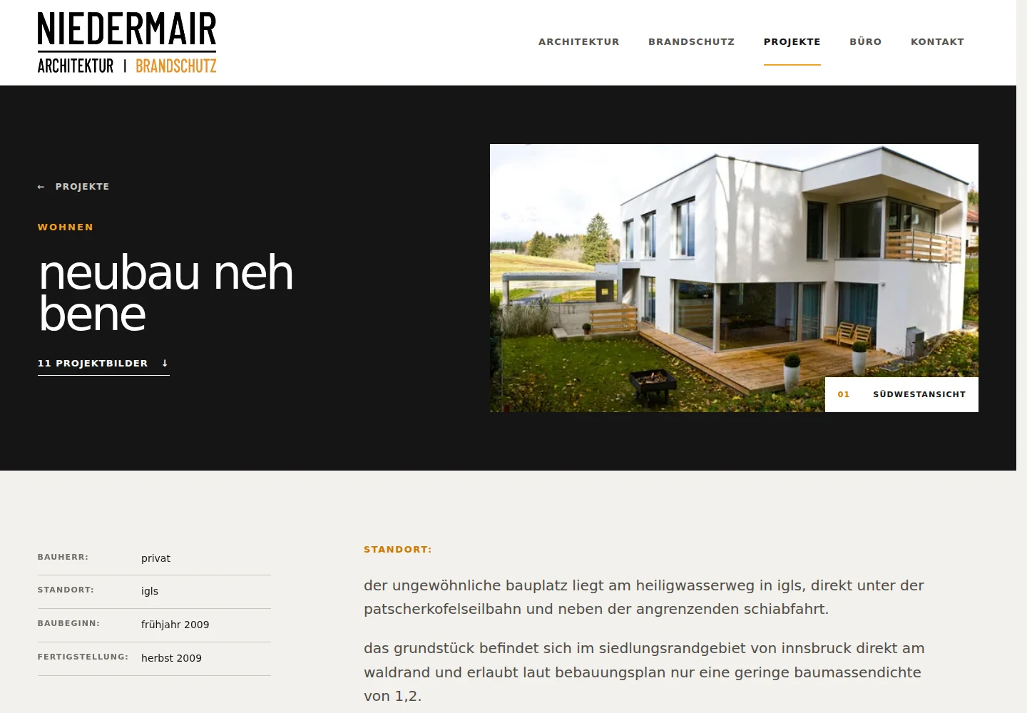 Neue Projektseite neubau neh bene mit Projektdaten und großem Architekturfoto