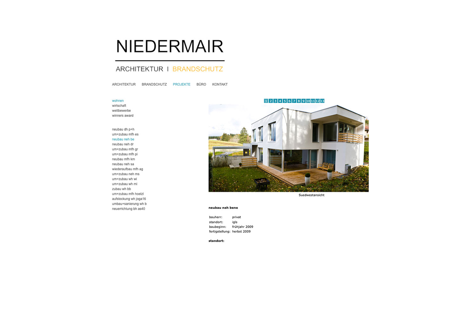 Frühere Projektseite neubau neh bene mit seitlicher Projektnavigation, Foto und Projektdaten