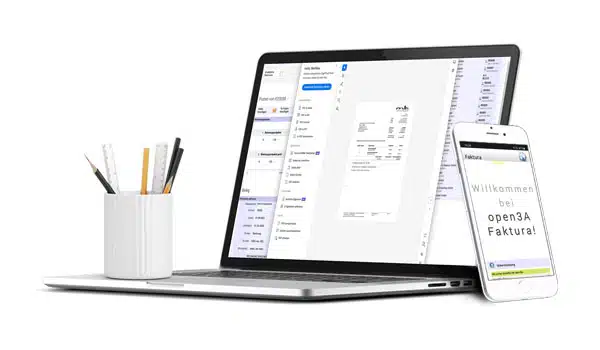 Open3A Rechnungstool auf Laptop und Smartphone