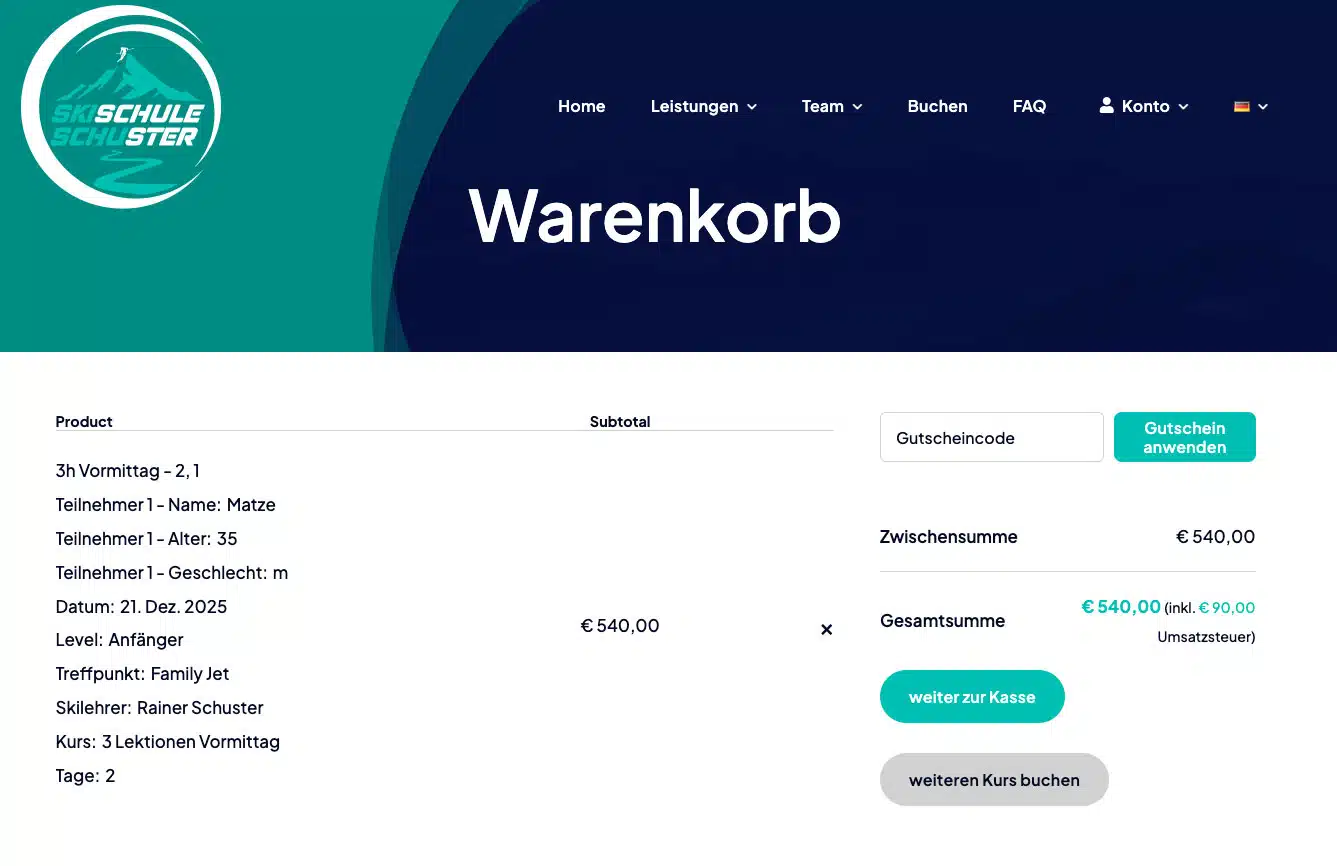 SmartBooking Pro Buchung mit Kursdetails und Gesamtsumme im WooCommerce Warenkorb