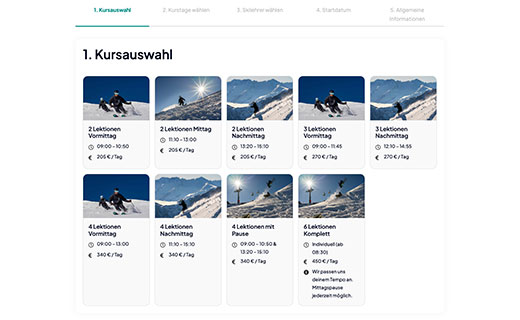 SmartBooking Pro Kursauswahl mit Leistungen, Bildern und Preisen