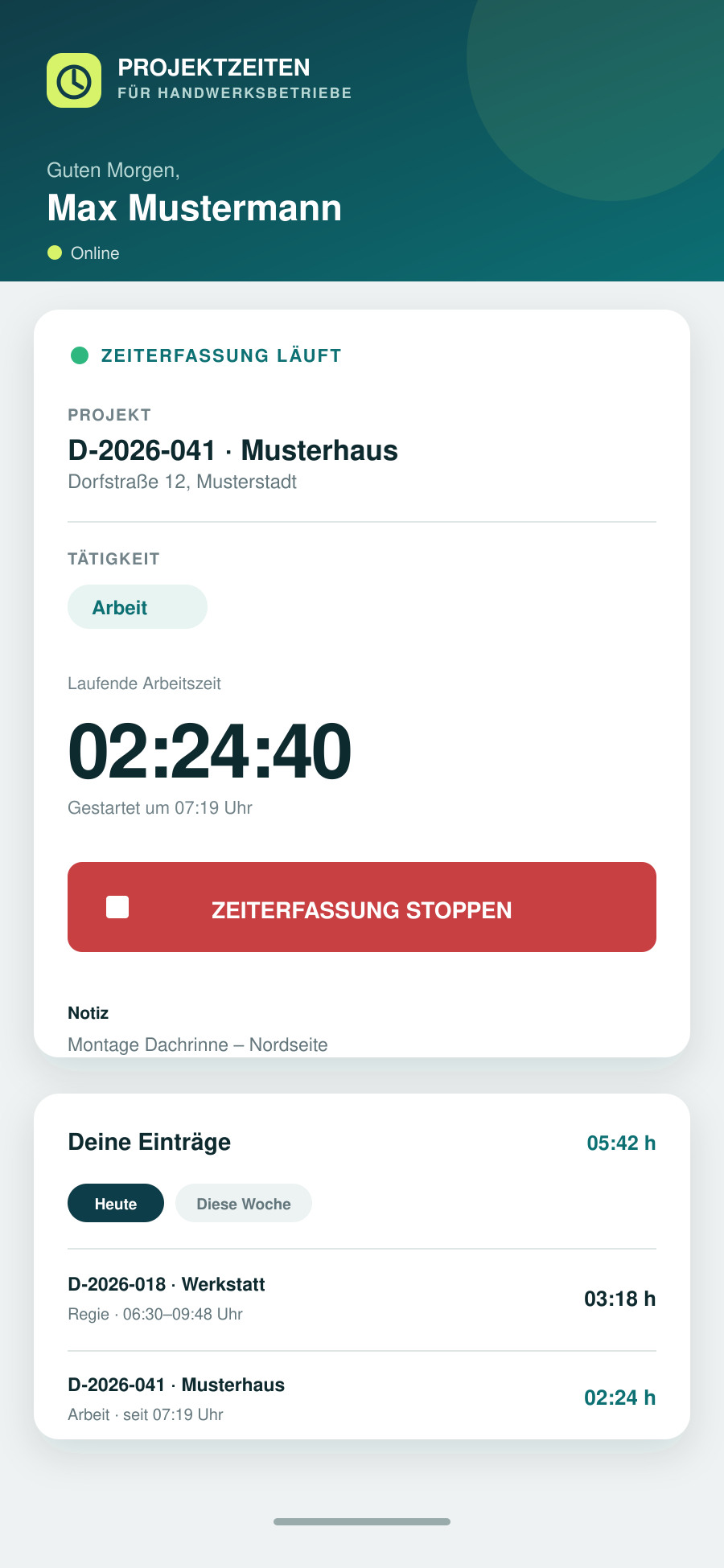 Mobile Ansicht eines laufenden Projektzeiten-Timers