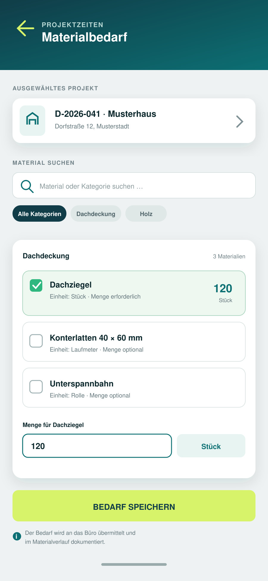 Materialbedarf im Projekt mit optionaler Mengeneingabe